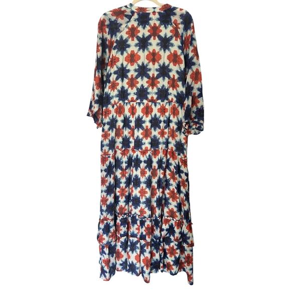 Banjanan Tiered Cotton Maxi Dress Women's XL Watercolor Floral Print Boho - Picture 2 of 5